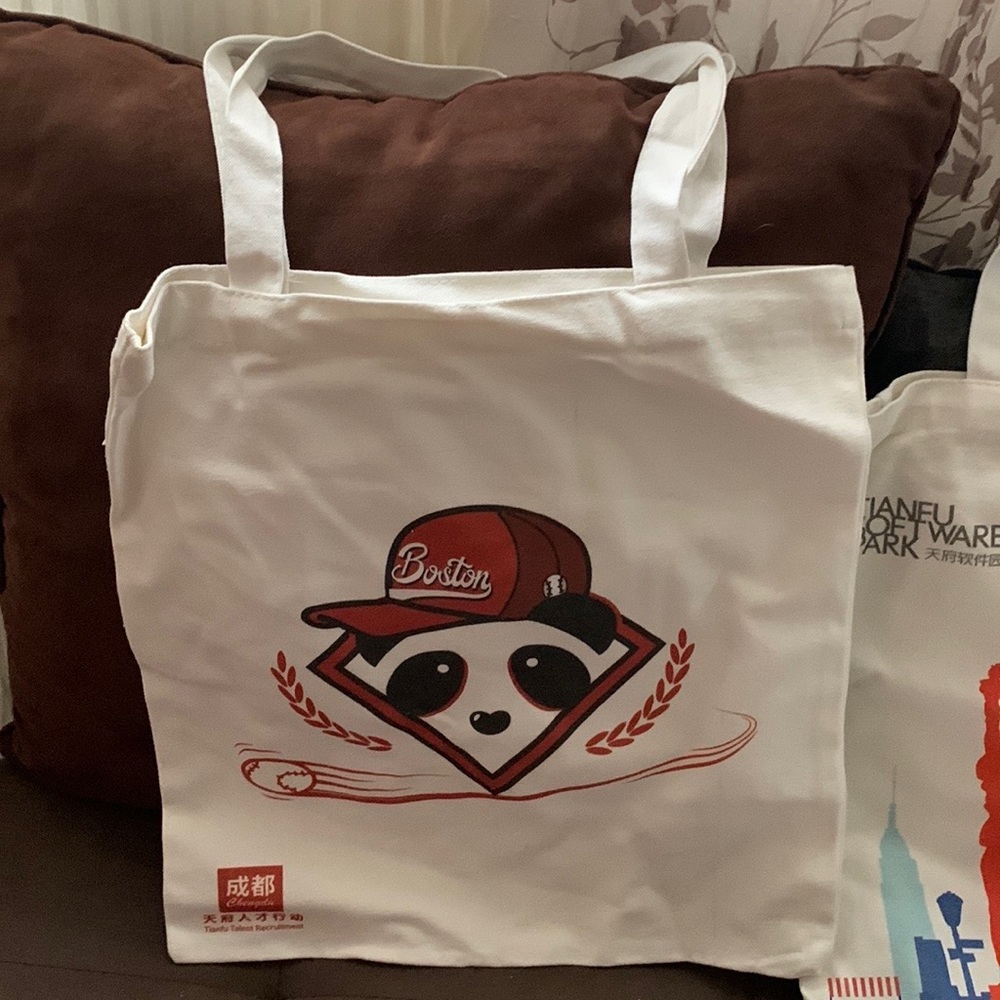 It’s a cotton tote bag with a bear designed with on side the New York City